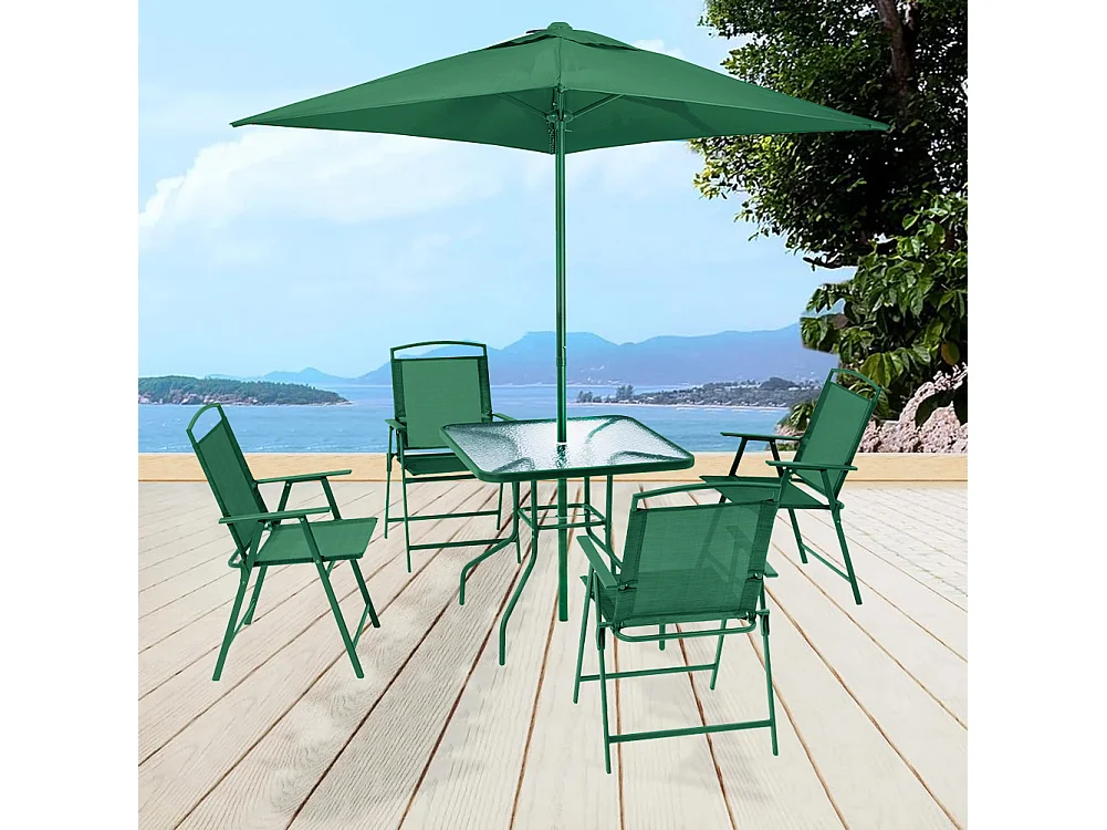 Set da Pranzo 6 Pezzi per Giardino Patio con Ombrellone 4 Sedie Pieghevoli Verde