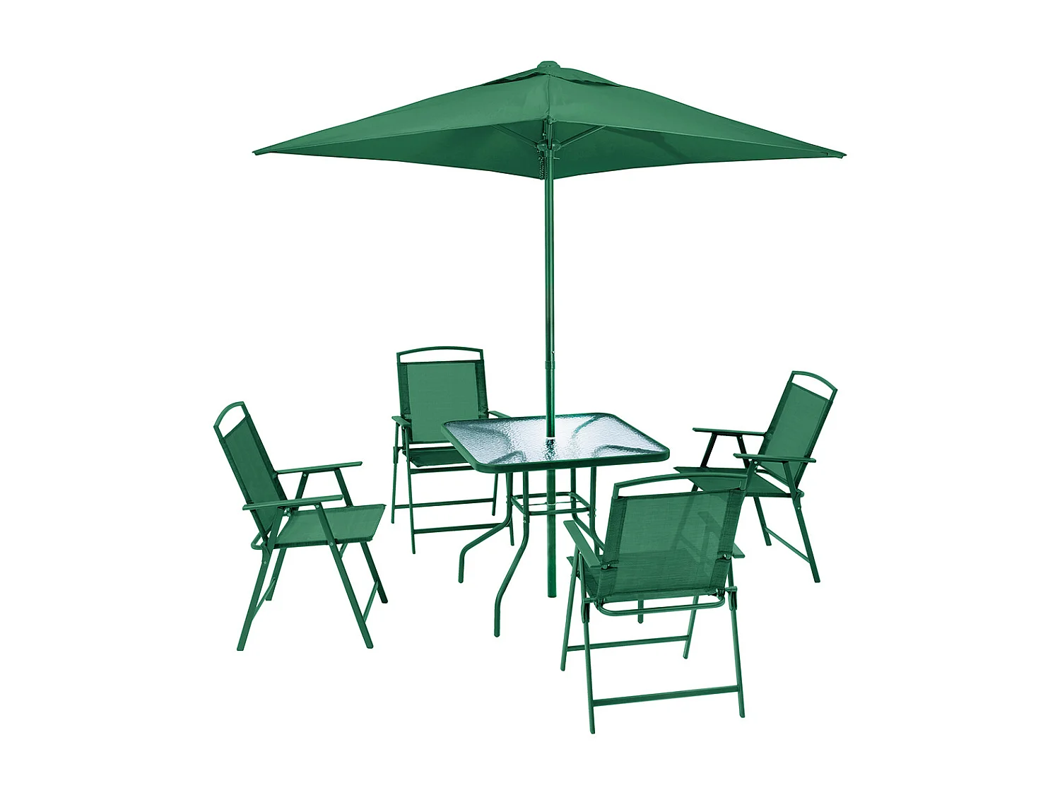 Set da Pranzo 6 Pezzi per Giardino Patio con Ombrellone 4 Sedie Pieghevoli Verde