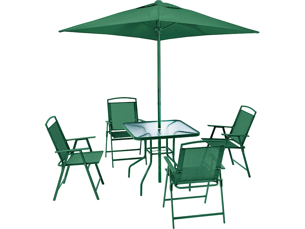 Set da Pranzo 6 Pezzi per Giardino Patio con Ombrellone 4 Sedie Pieghevoli Verde