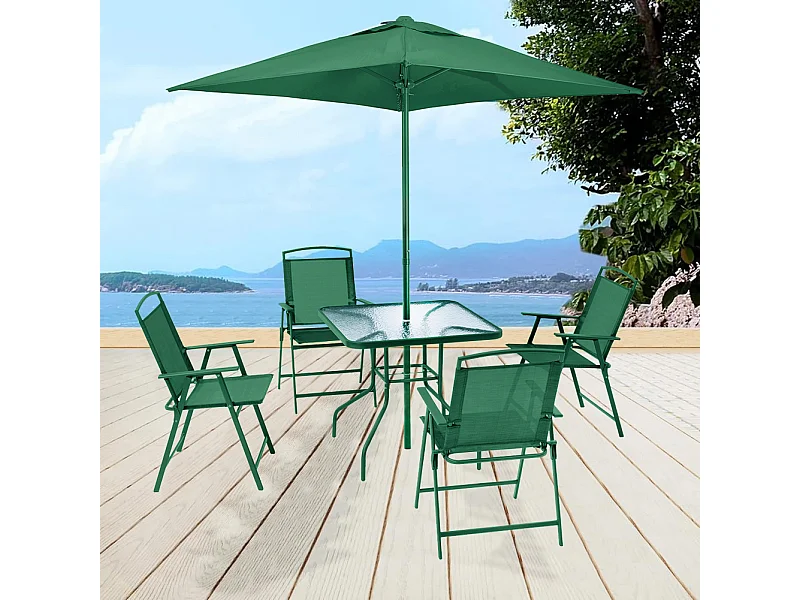 Set da Pranzo 6 Pezzi per Giardino Patio con Ombrellone 4 Sedie Pieghevoli Verde