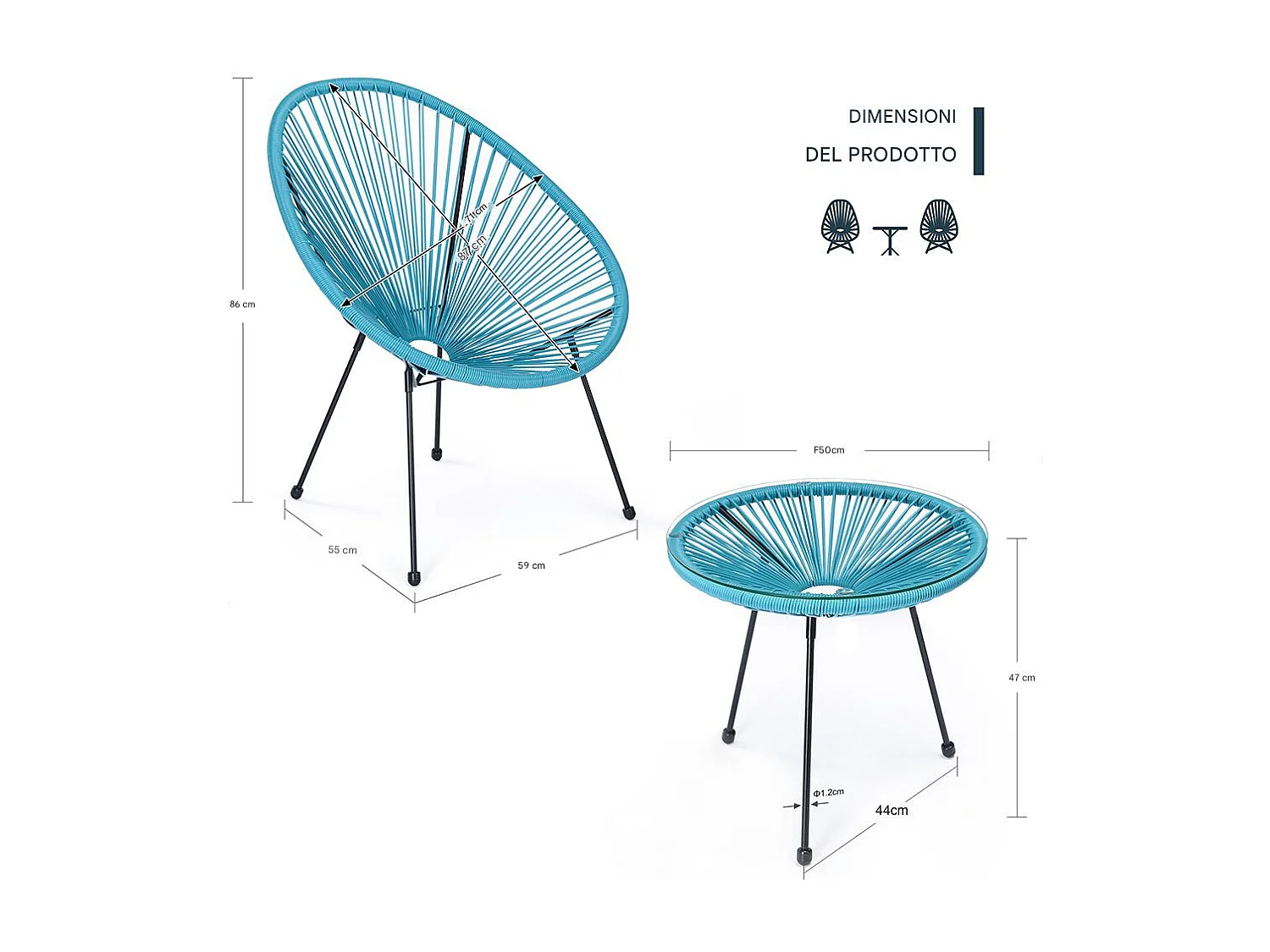 Set Patio in Polyrattan con 2 Sedie e 1 Tavolo per Giardino Esterno Azzurro