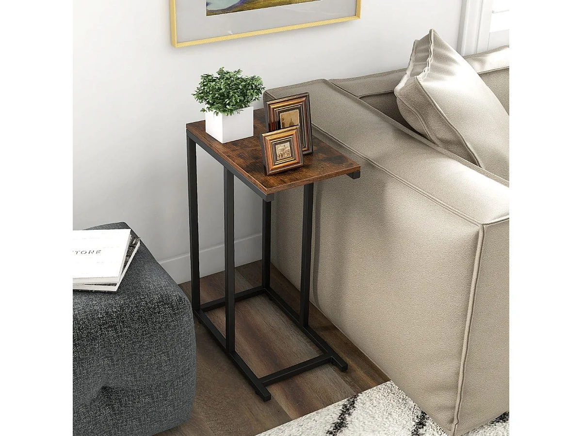 Beistelltisch C-Form Sofatisch mit Metallgestell Kaffeetisch für Wohnzimmer Rustikales Braun