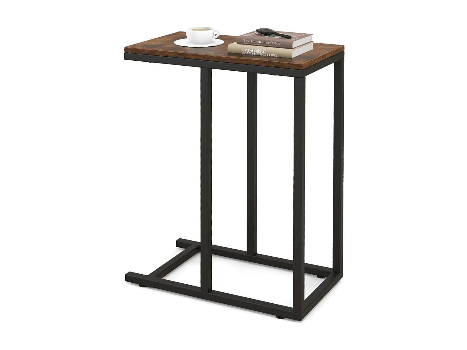 Beistelltisch C-Form Sofatisch mit Metallgestell Kaffeetisch für Wohnzimmer Rustikales Braun