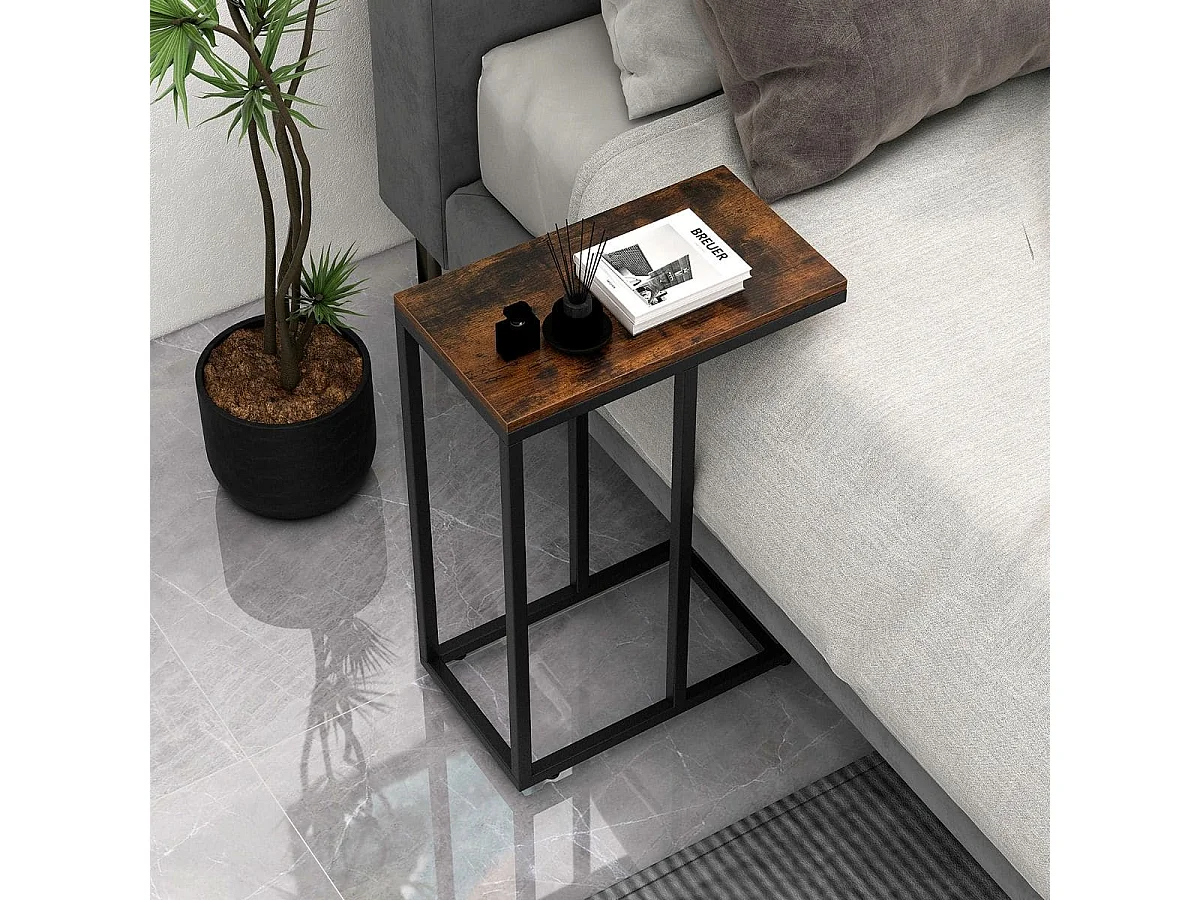 Beistelltisch C-Form Sofatisch mit Metallgestell Kaffeetisch für Wohnzimmer Rustikales Braun