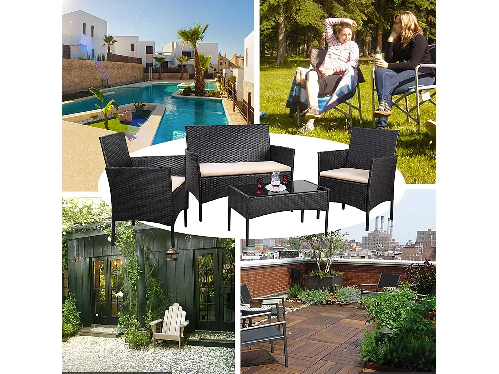 Set Salotto Completo Divano Poltrone Tavolino in Rattan Arredo Giardino Nero