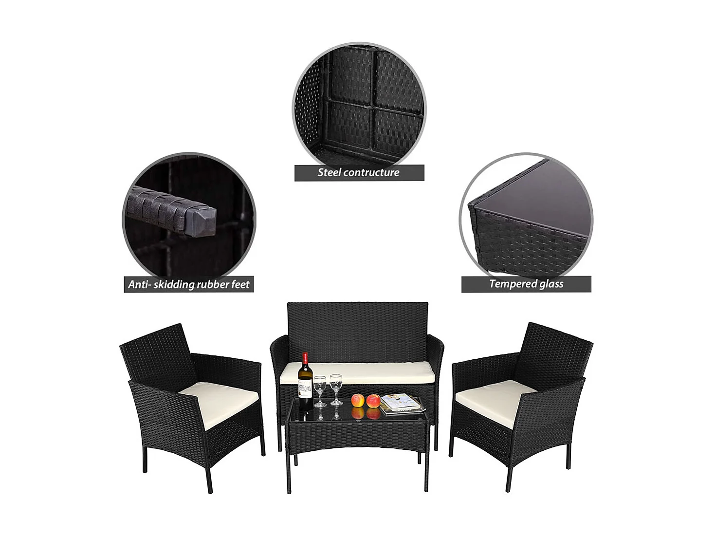 Set Salotto Completo Divano Poltrone Tavolino in Rattan Arredo Giardino Nero