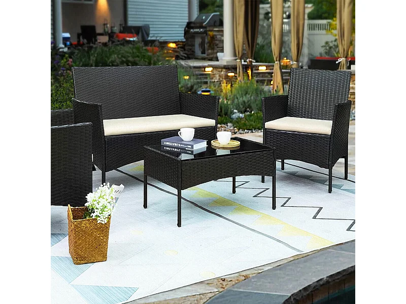Set Salotto Completo Divano Poltrone Tavolino in Rattan Arredo Giardino Nero
