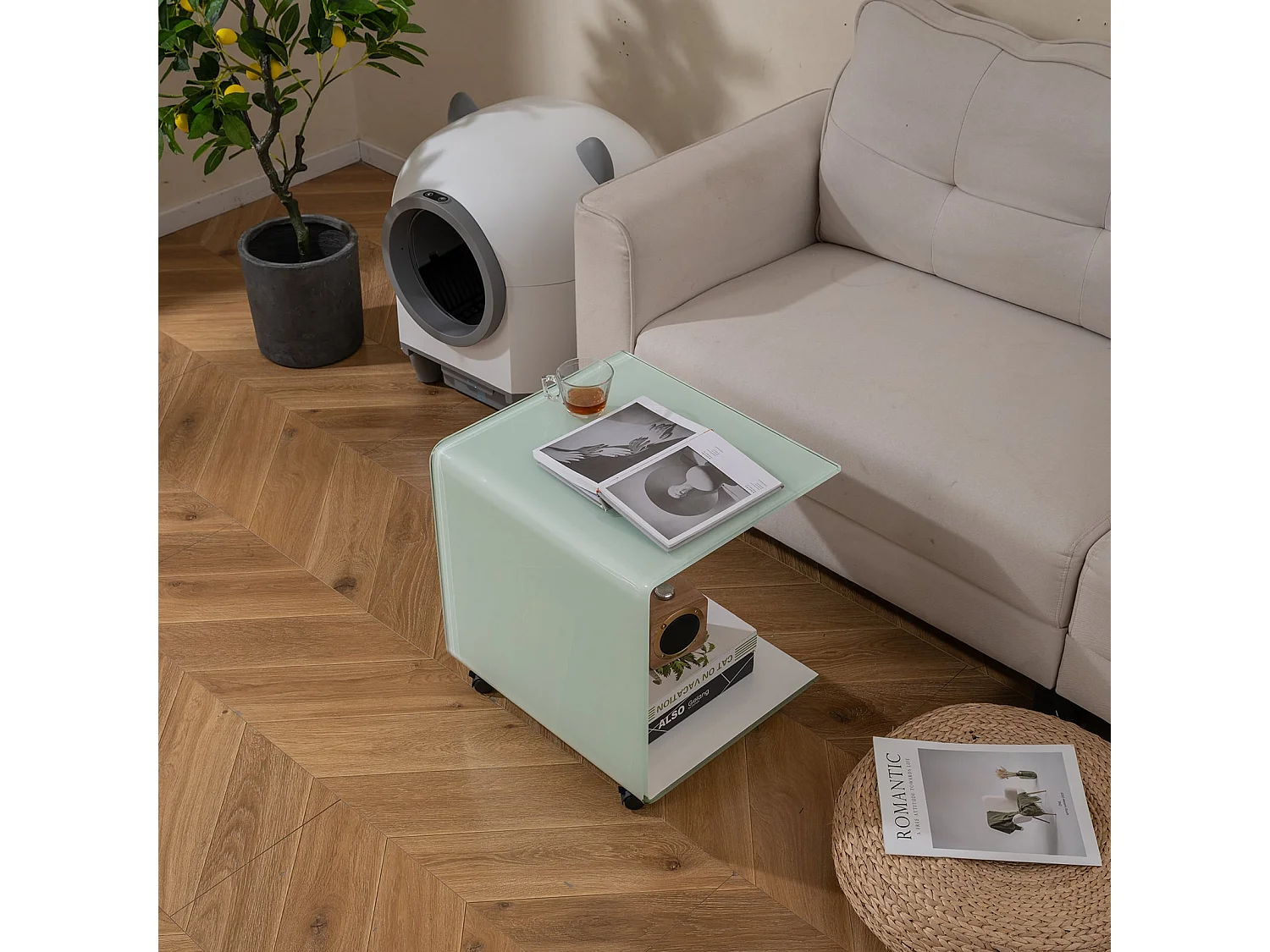 Table d'Appoint Latérale en C en Verre Trempé avec Étagère à 2 Niveaux & 4 Roulettes Pivotantes Verrouillables 40 x 45 x 48 CM Blanc