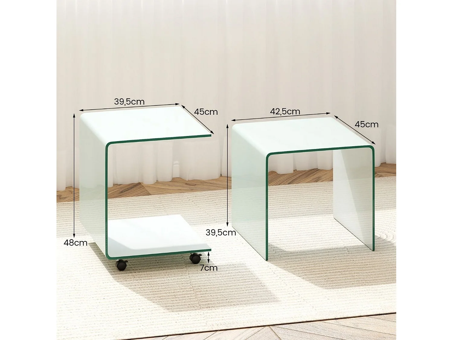 Table d'Appoint Latérale en C en Verre Trempé avec Étagère à 2 Niveaux & 4 Roulettes Pivotantes Verrouillables 40 x 45 x 48 CM Blanc