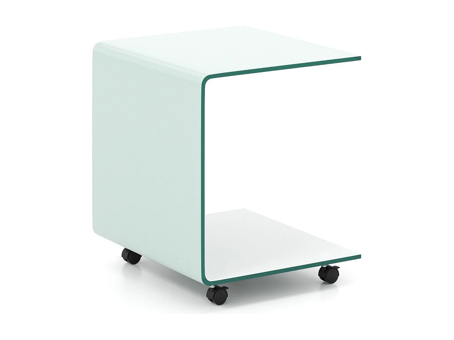 Table d'Appoint Latérale en C en Verre Trempé avec Étagère à 2 Niveaux & 4 Roulettes Pivotantes Verrouillables 40 x 45 x 48 CM Blanc