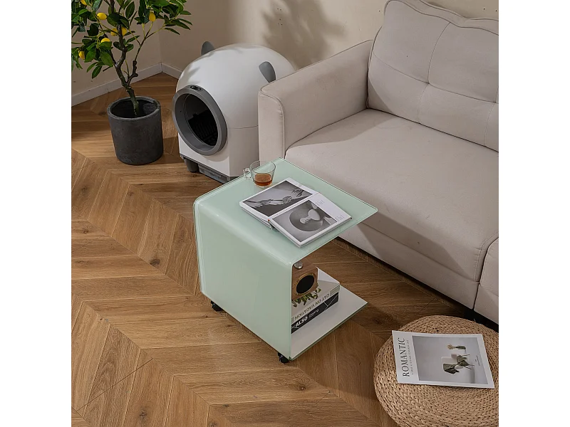 Table d'Appoint Latérale en C en Verre Trempé avec Étagère à 2 Niveaux & 4 Roulettes Pivotantes Verrouillables 40 x 45 x 48 CM Blanc