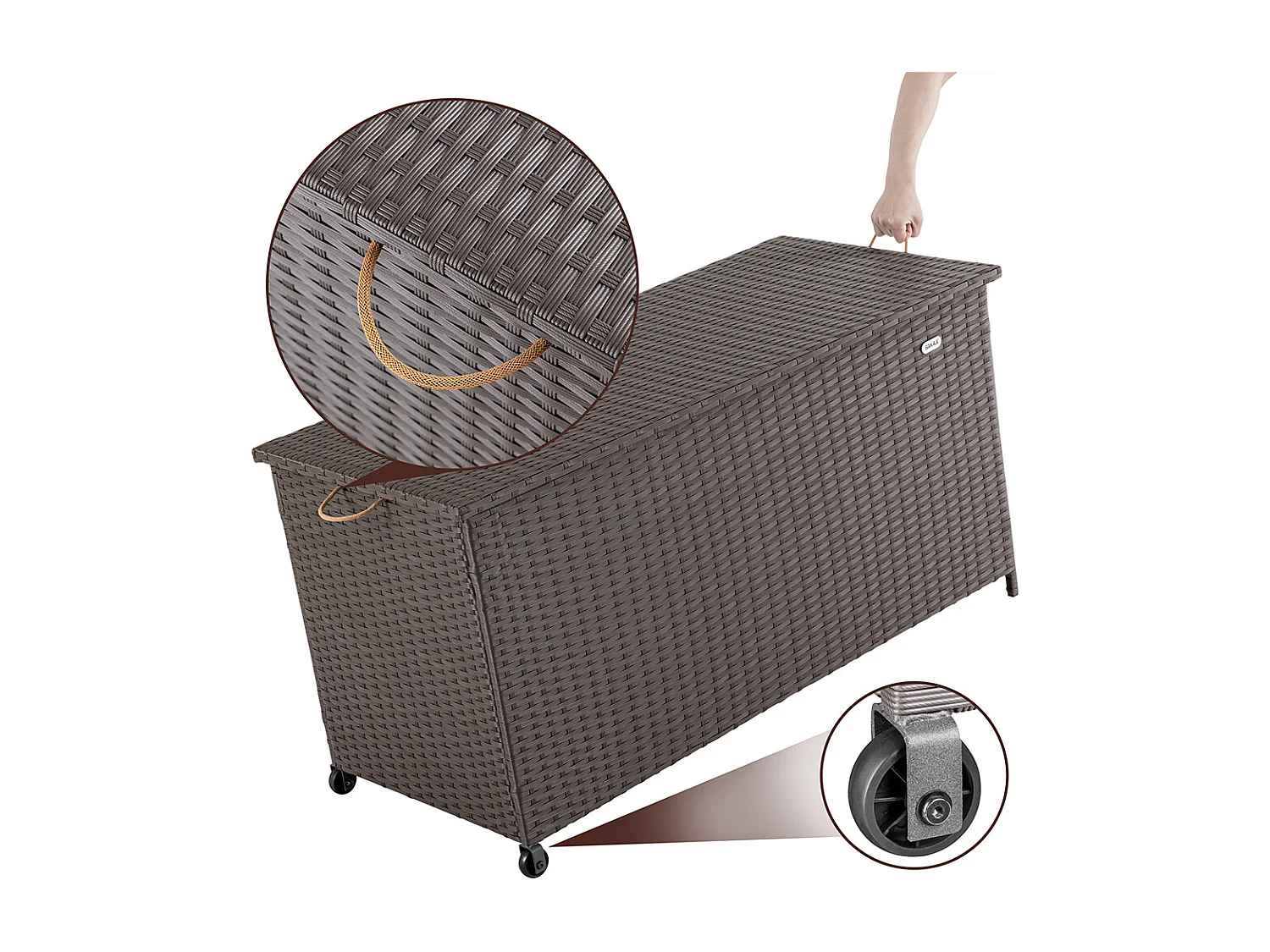 Baule Portaoggetti da Giardino Cassapanca Polyrattan Impermeabile 2 Ruote Marrone