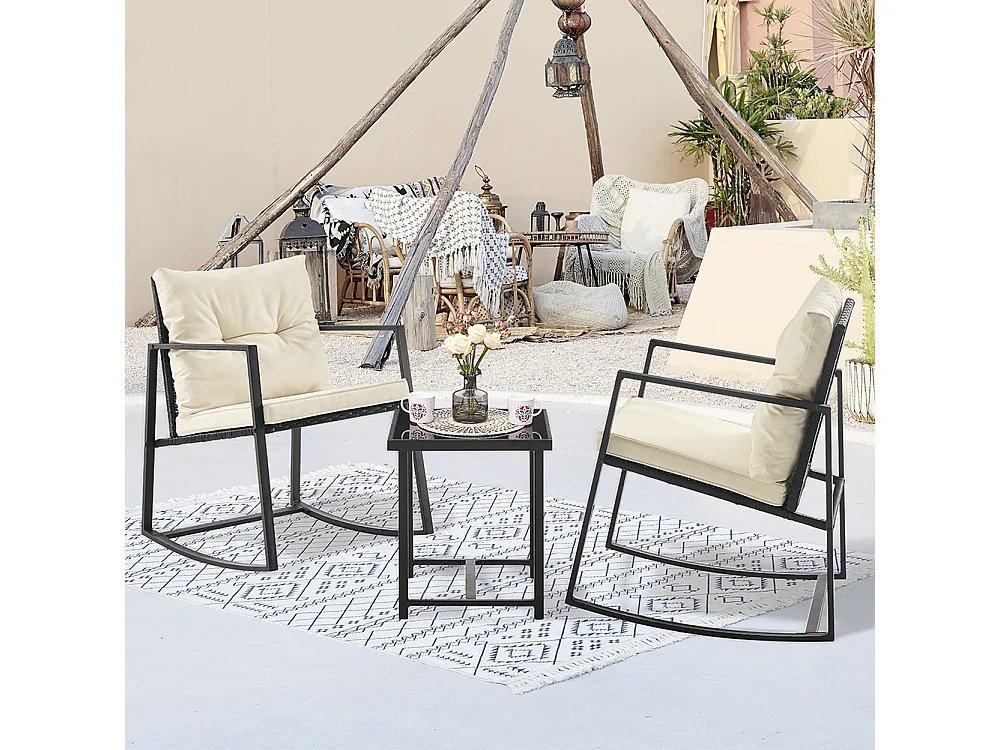 Set Tavolo e Poltrone Dondolo da Esterno Mobili Giardino Polyrattan Beige e Nero