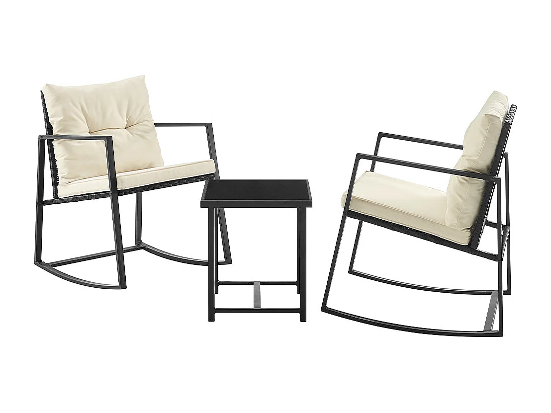 Set Tavolo e Poltrone Dondolo da Esterno Mobili Giardino Polyrattan Beige e Nero