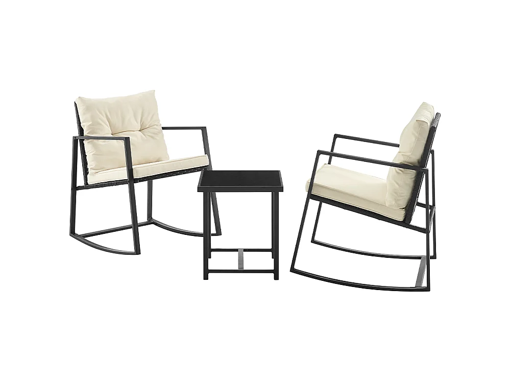 Set Tavolo e Poltrone Dondolo da Esterno Mobili Giardino Polyrattan Beige e Nero