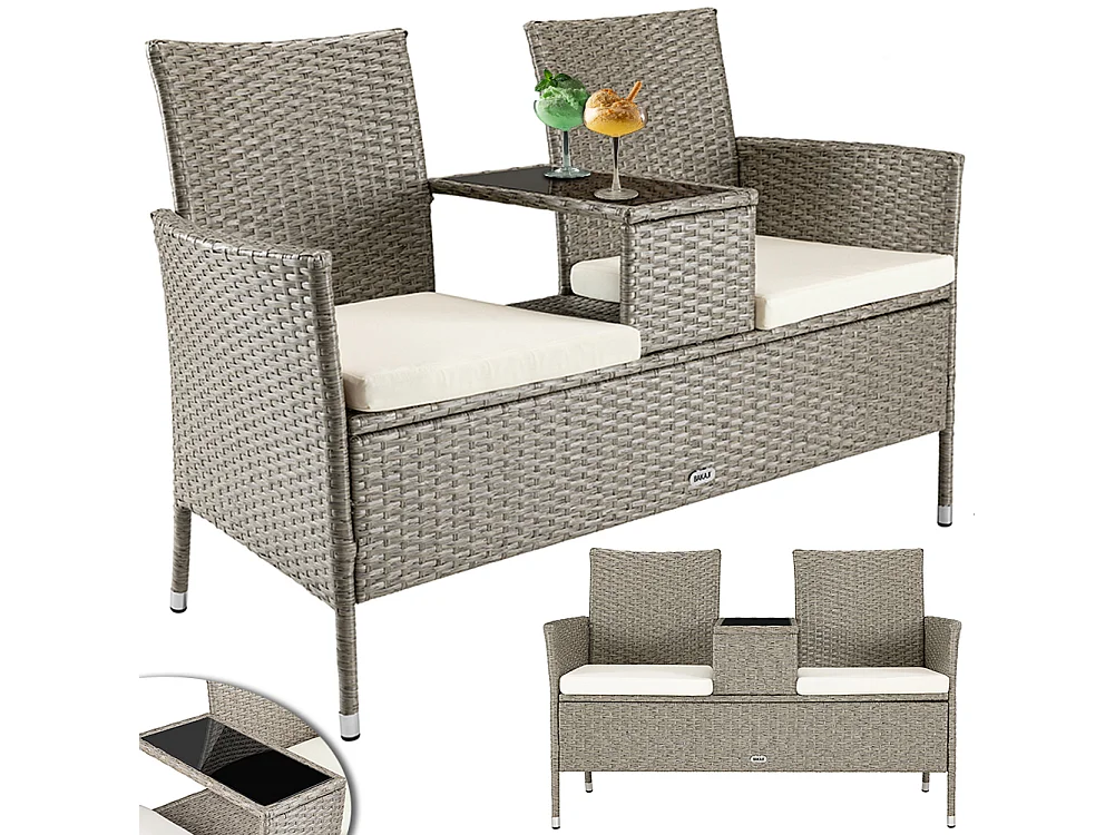 Divano Panca da Giardino Crema in Polyrattan Panchina Divanetto con Ripiano Vetro