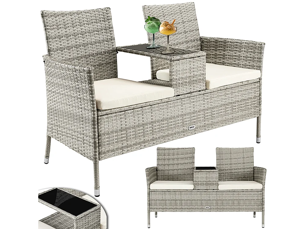 Divano Panca Giardino Grigio in Polyrattan Panchina Divanetto con Ripiano Vetro