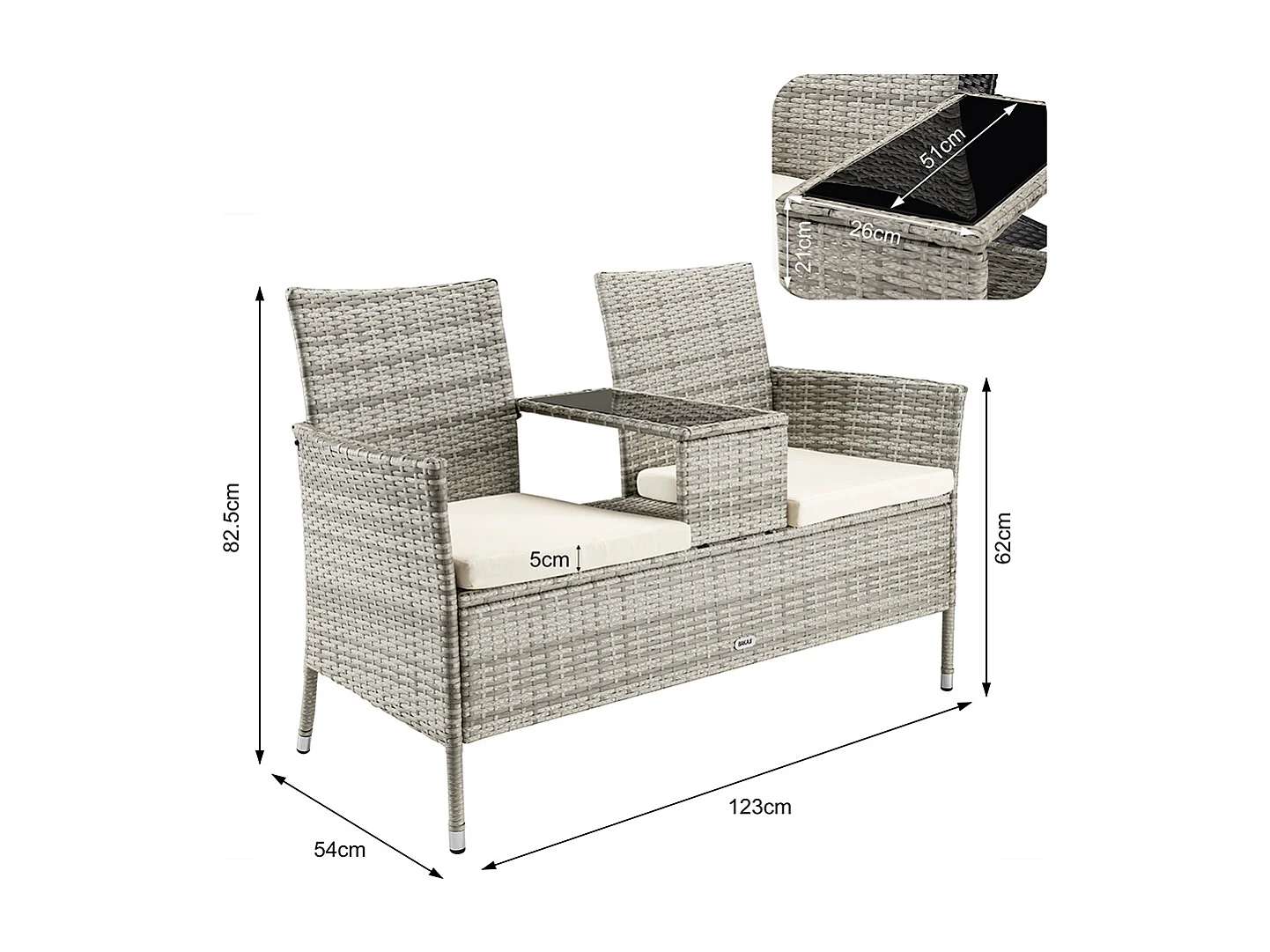 Divano Panca Giardino Grigio in Polyrattan Panchina Divanetto con Ripiano Vetro