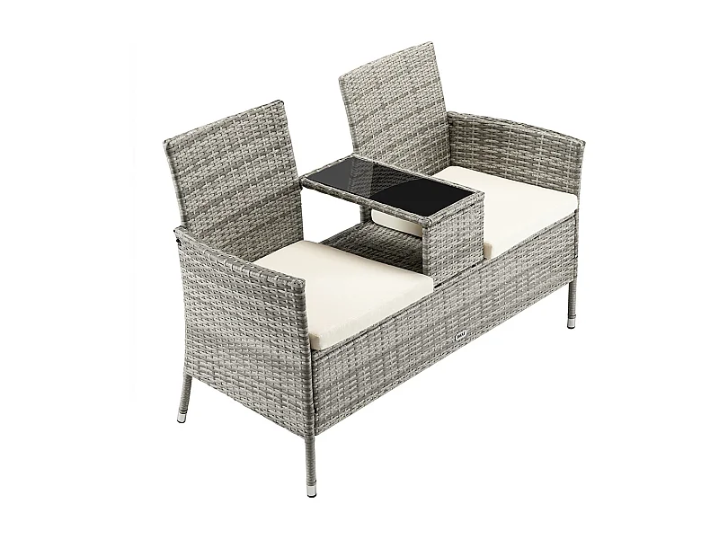 Divano Panca Giardino Grigio in Polyrattan Panchina Divanetto con Ripiano Vetro