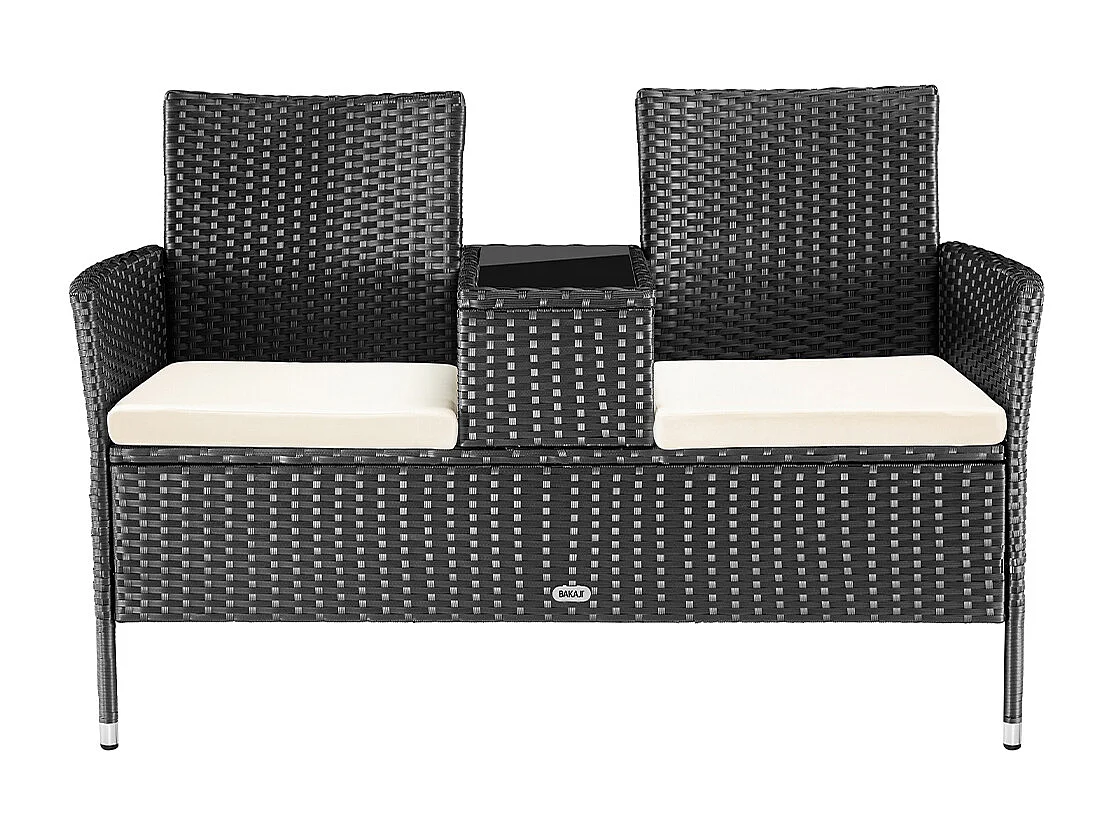 Divano Panca da Giardino Nero in Polyrattan Panchina Divanetto con Ripiano Vetro