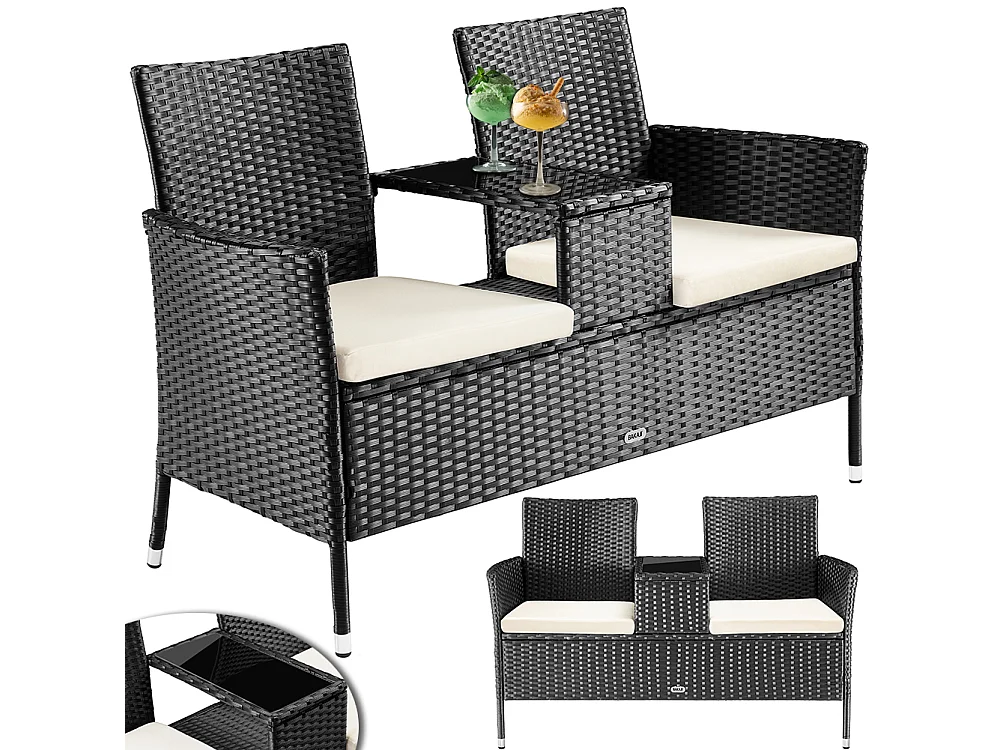 Divano Panca da Giardino Nero in Polyrattan Panchina Divanetto con Ripiano Vetro