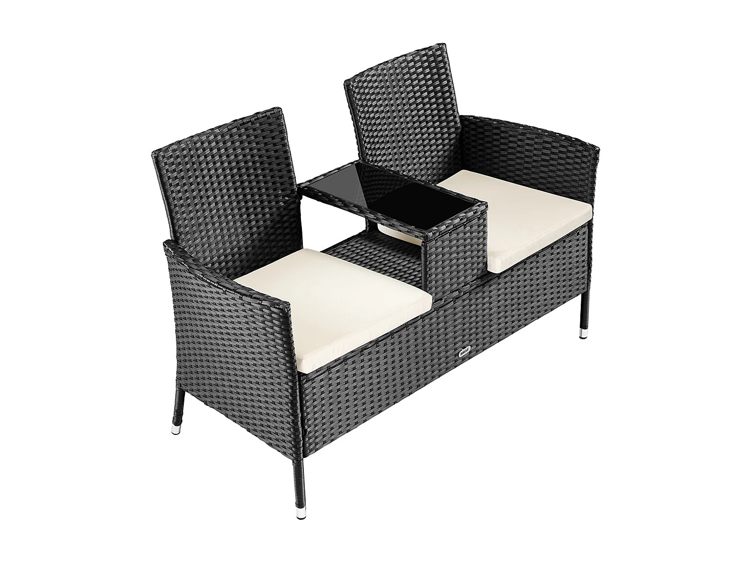 Divano Panca da Giardino Nero in Polyrattan Panchina Divanetto con Ripiano Vetro