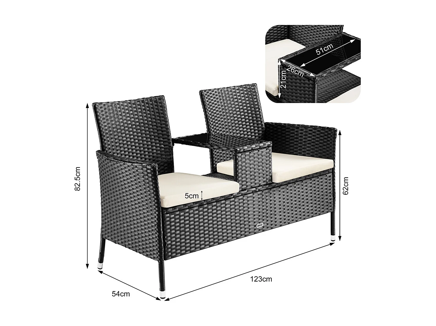 Divano Panca da Giardino Nero in Polyrattan Panchina Divanetto con Ripiano Vetro