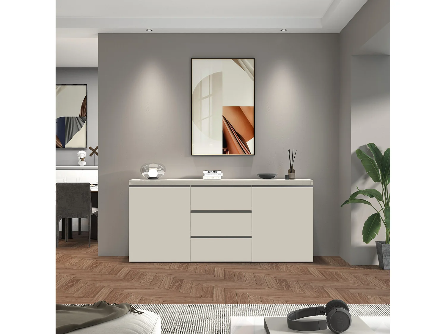 Credenza Magic con 2 ante e 3 cassetti cashmere 180x40x80 cm