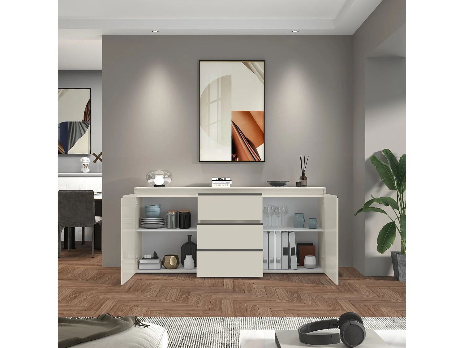 Credenza Magic con 2 ante e 3 cassetti cashmere 180x40x80 cm