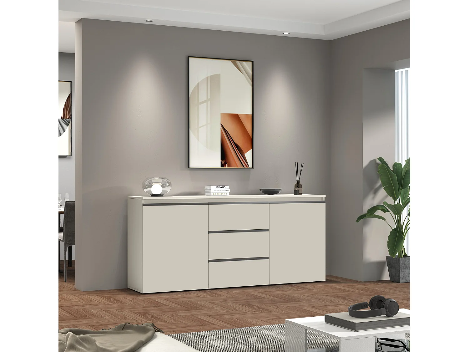 Credenza Magic con 2 ante e 3 cassetti cashmere 180x40x80 cm