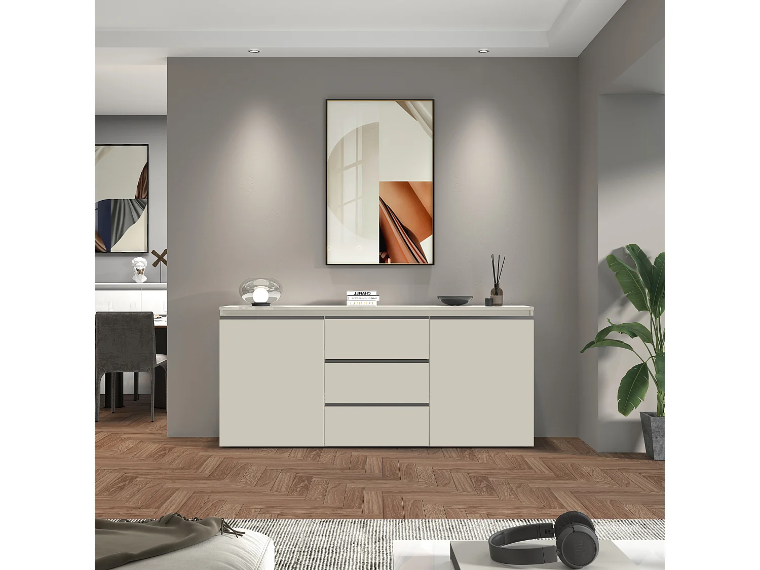 Buffet MAGIC avec 2 portes et 3 tiroirs cachemire 180x40x80 cm