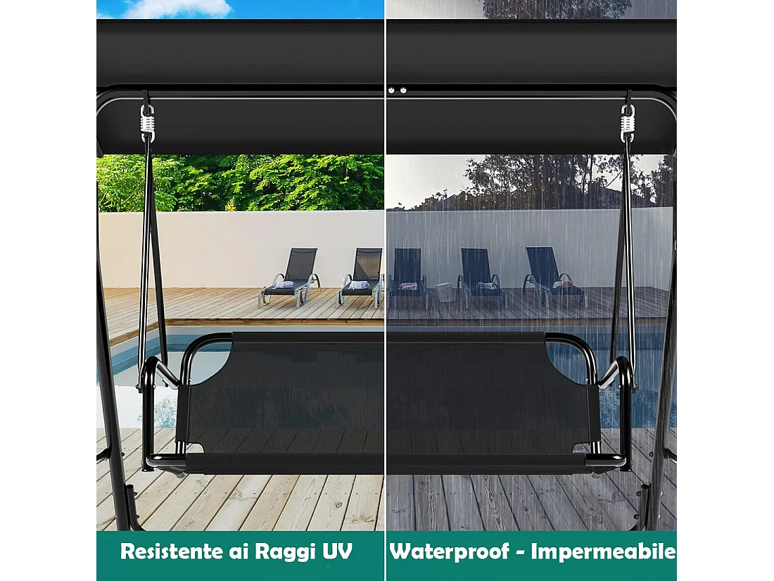 Dondolo da Giardino 3 Posti con Tettuccio Parasole Regolabile 172x110x155cm Nero