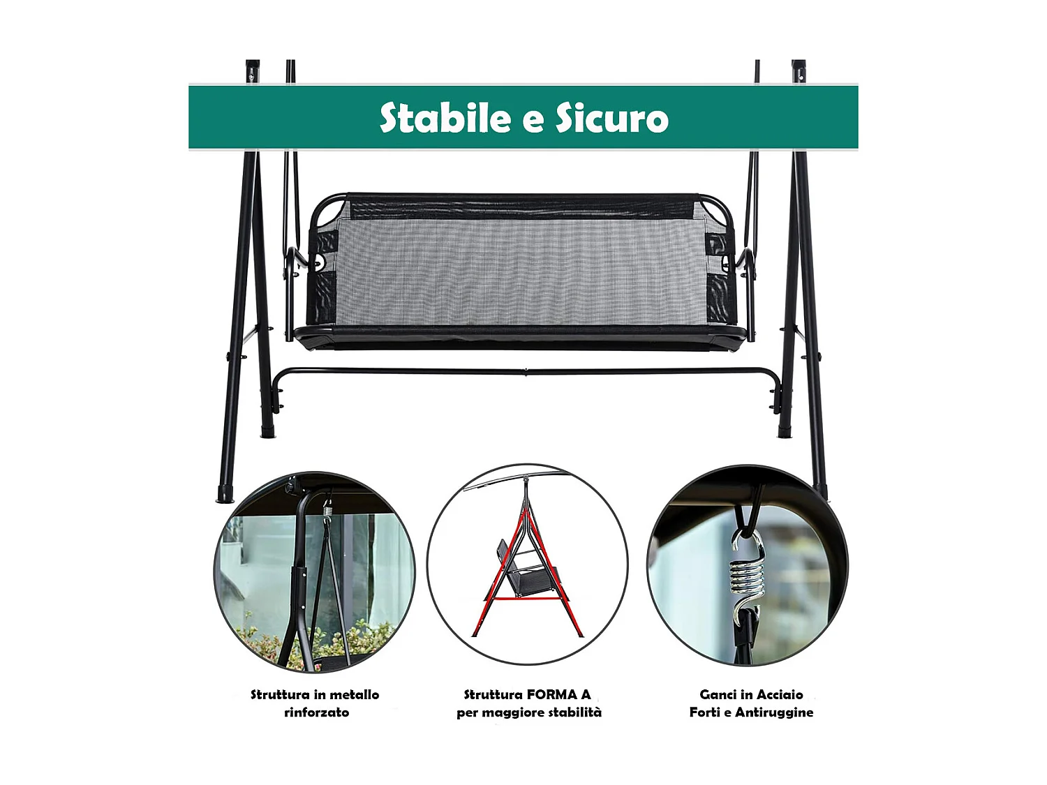 Dondolo da Giardino 3 Posti con Tettuccio Parasole Regolabile 172x110x155cm Nero