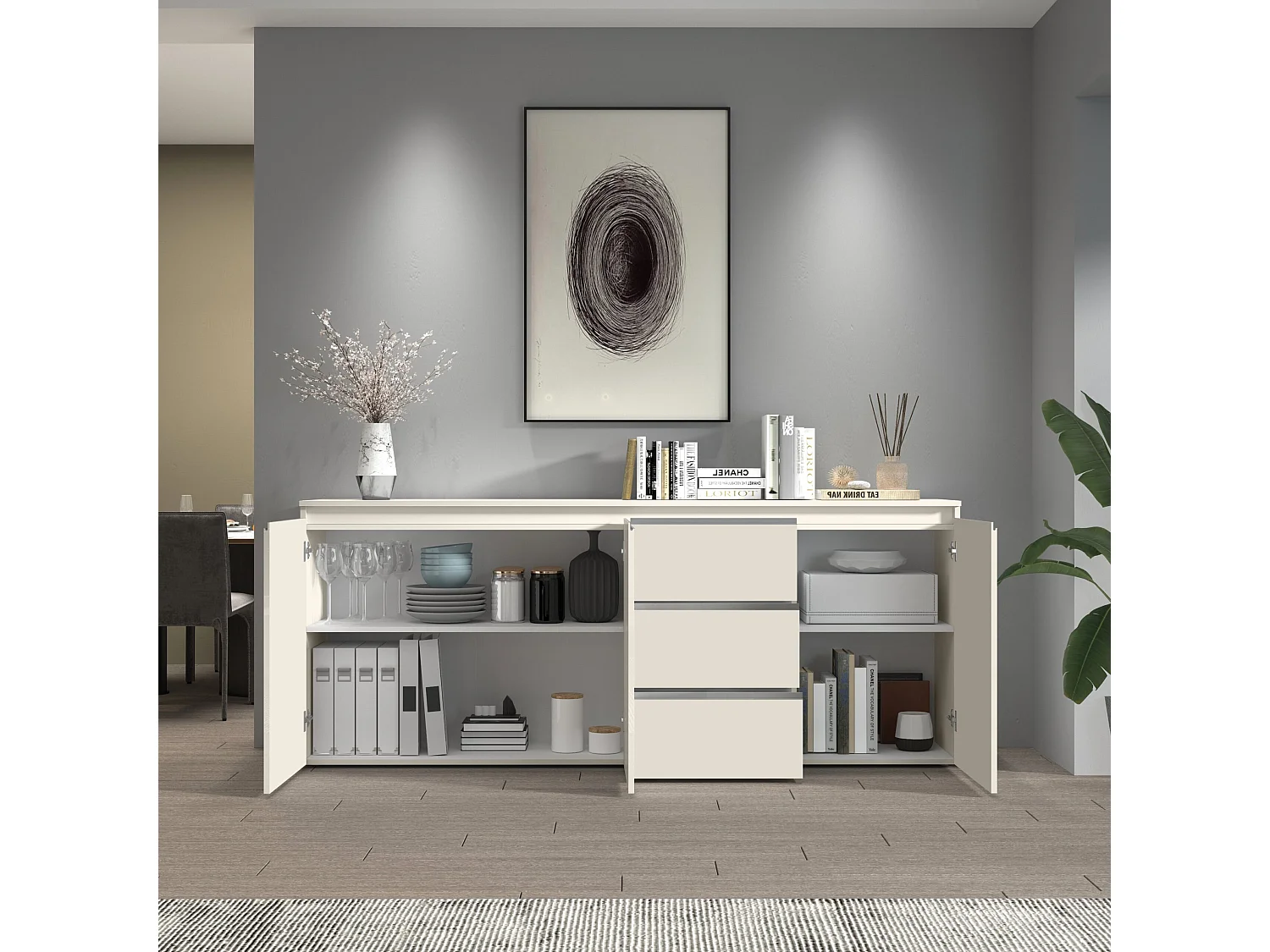 Credenza Magic con 3 ante e 3 cassetti cashmere 200x40x80 cm