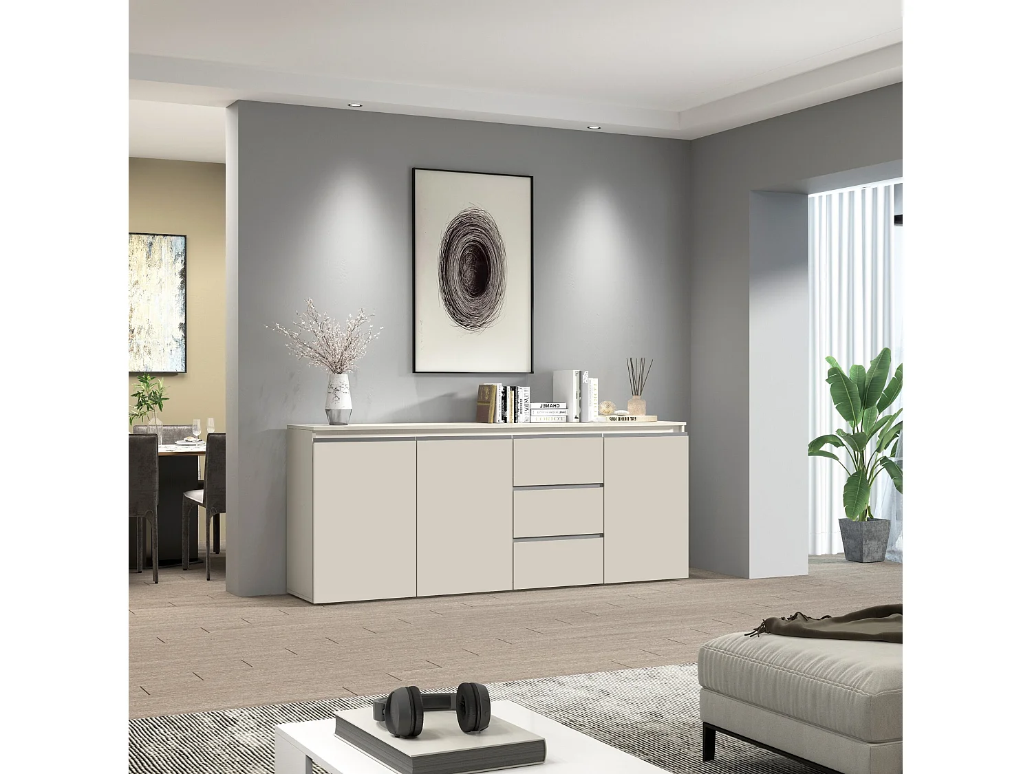 Credenza Magic con 3 ante e 3 cassetti cashmere 200x40x80 cm