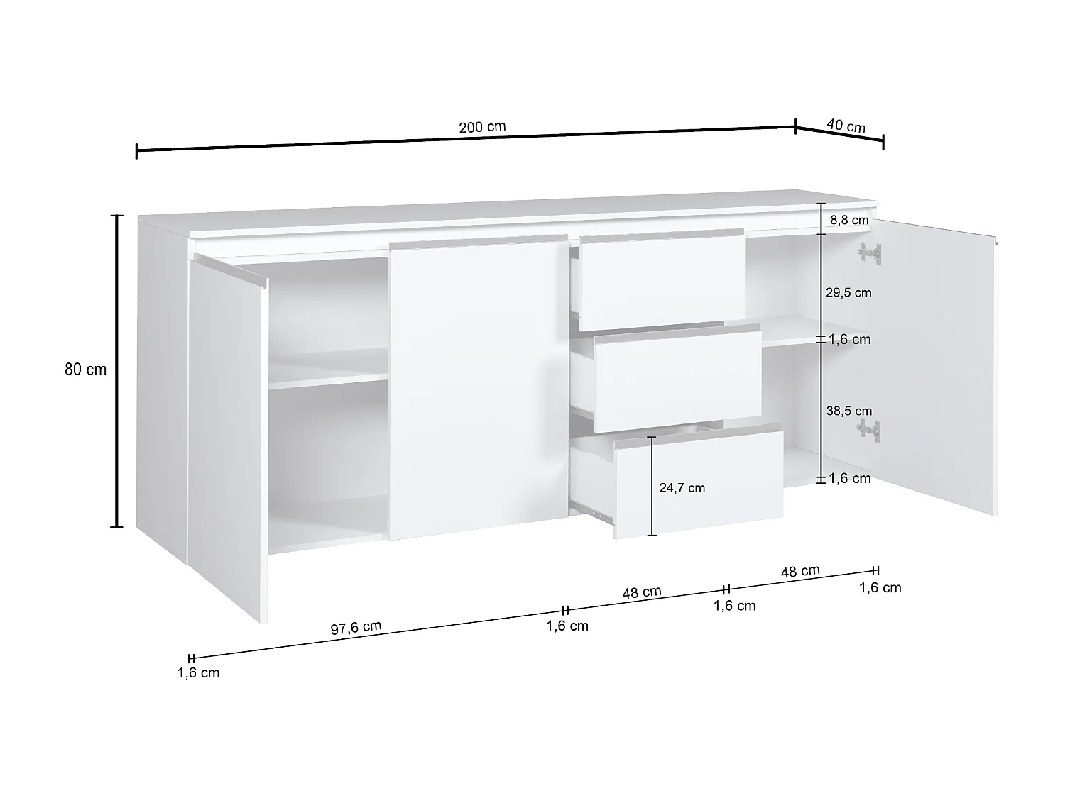 Credenza Magic con 3 ante e 3 cassetti cashmere 200x40x80 cm