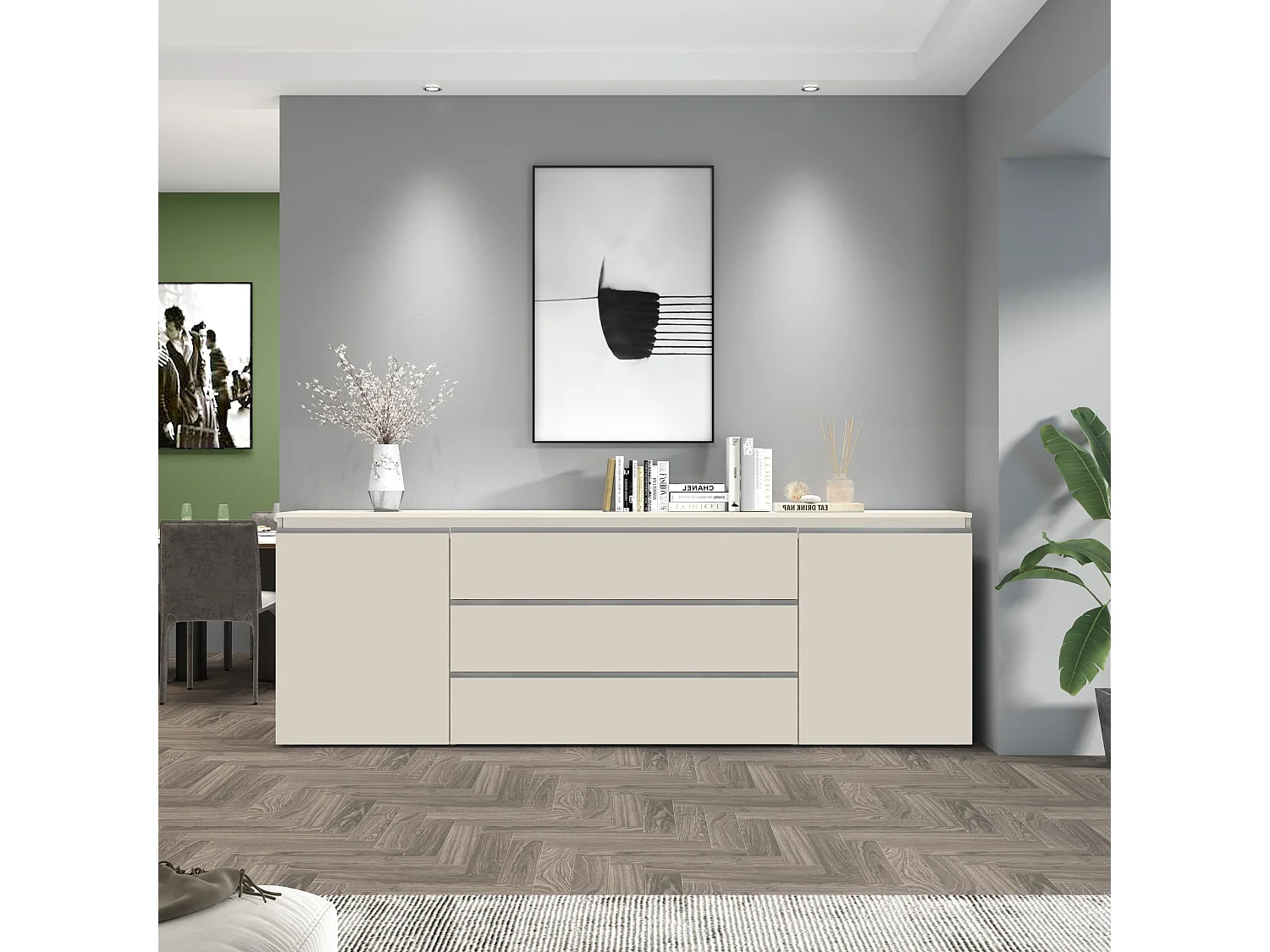 Credenza Magic con 2 ante e 3 cassetti cashmere 240x40x80 cm