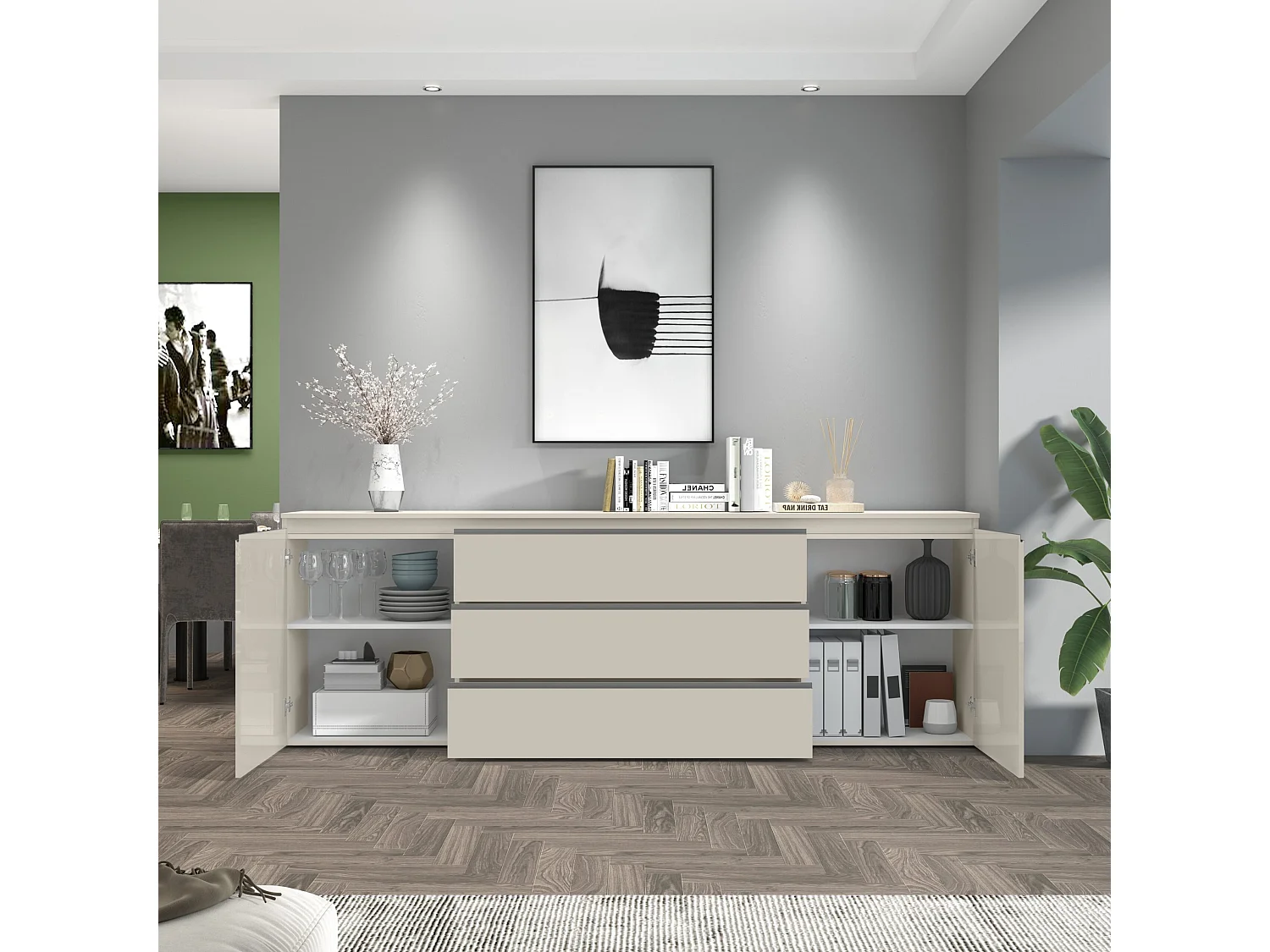 Credenza Magic con 2 ante e 3 cassetti cashmere 240x40x80 cm