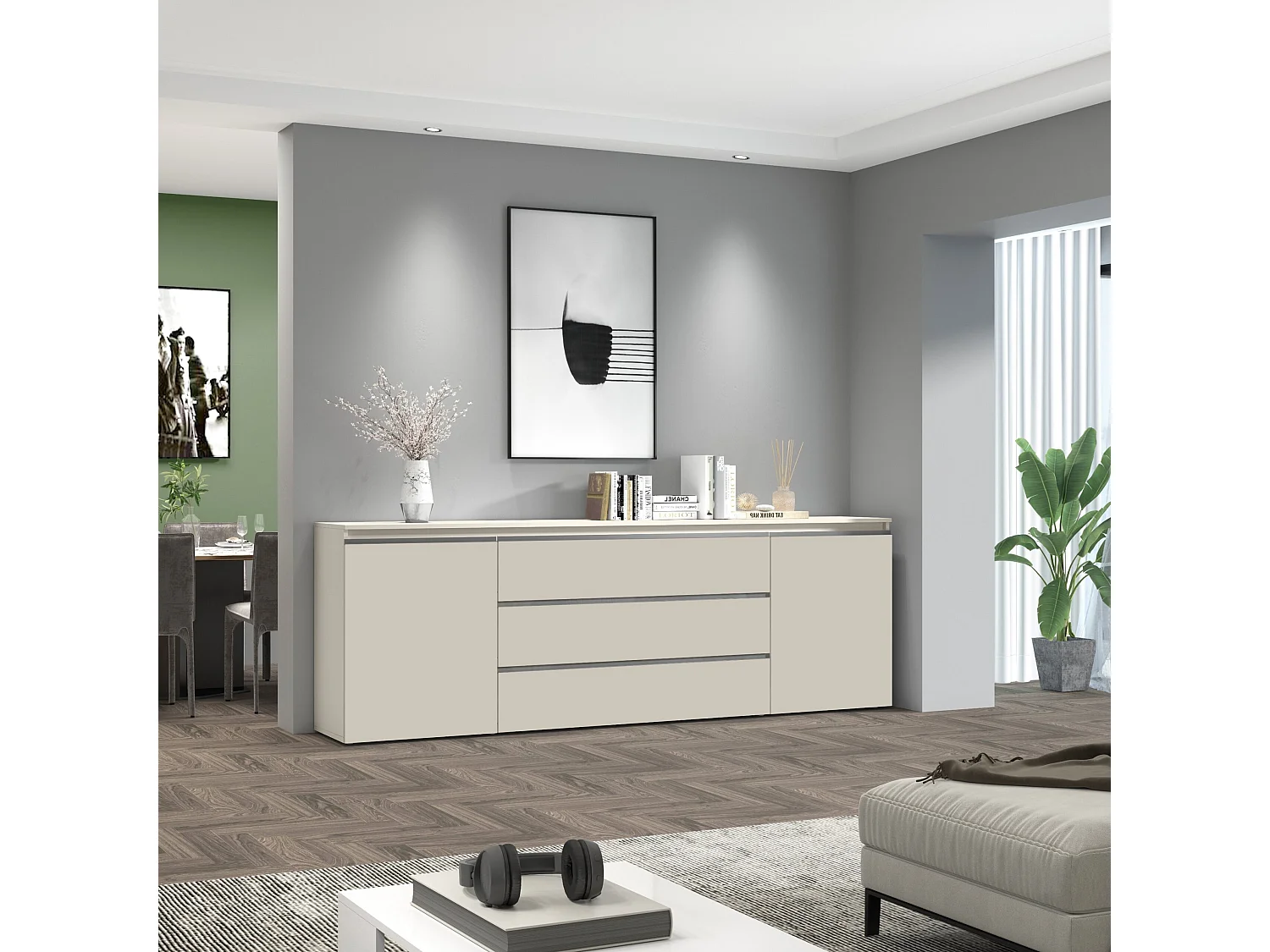 Credenza Magic con 2 ante e 3 cassetti cashmere 240x40x80 cm