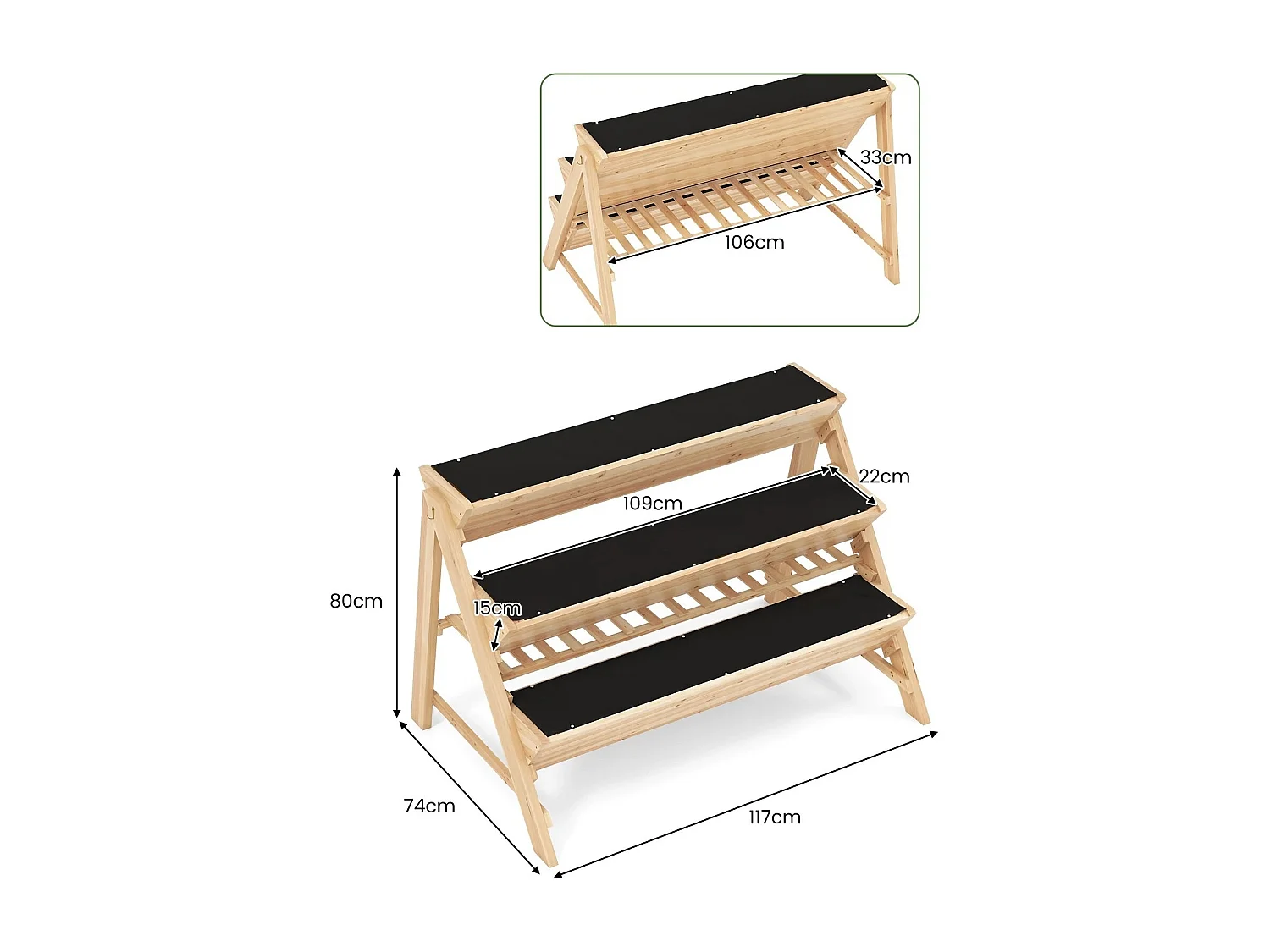 Letto rialzato a 3 livelli Letto per piante in legno con ripiano 2 ganci e 3 fogli per piante Natura