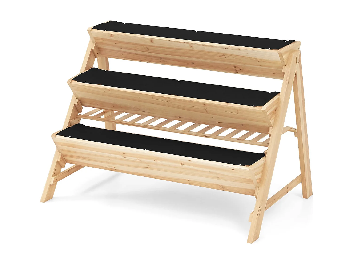 Letto rialzato a 3 livelli Letto per piante in legno con ripiano 2 ganci e 3 fogli per piante Natura