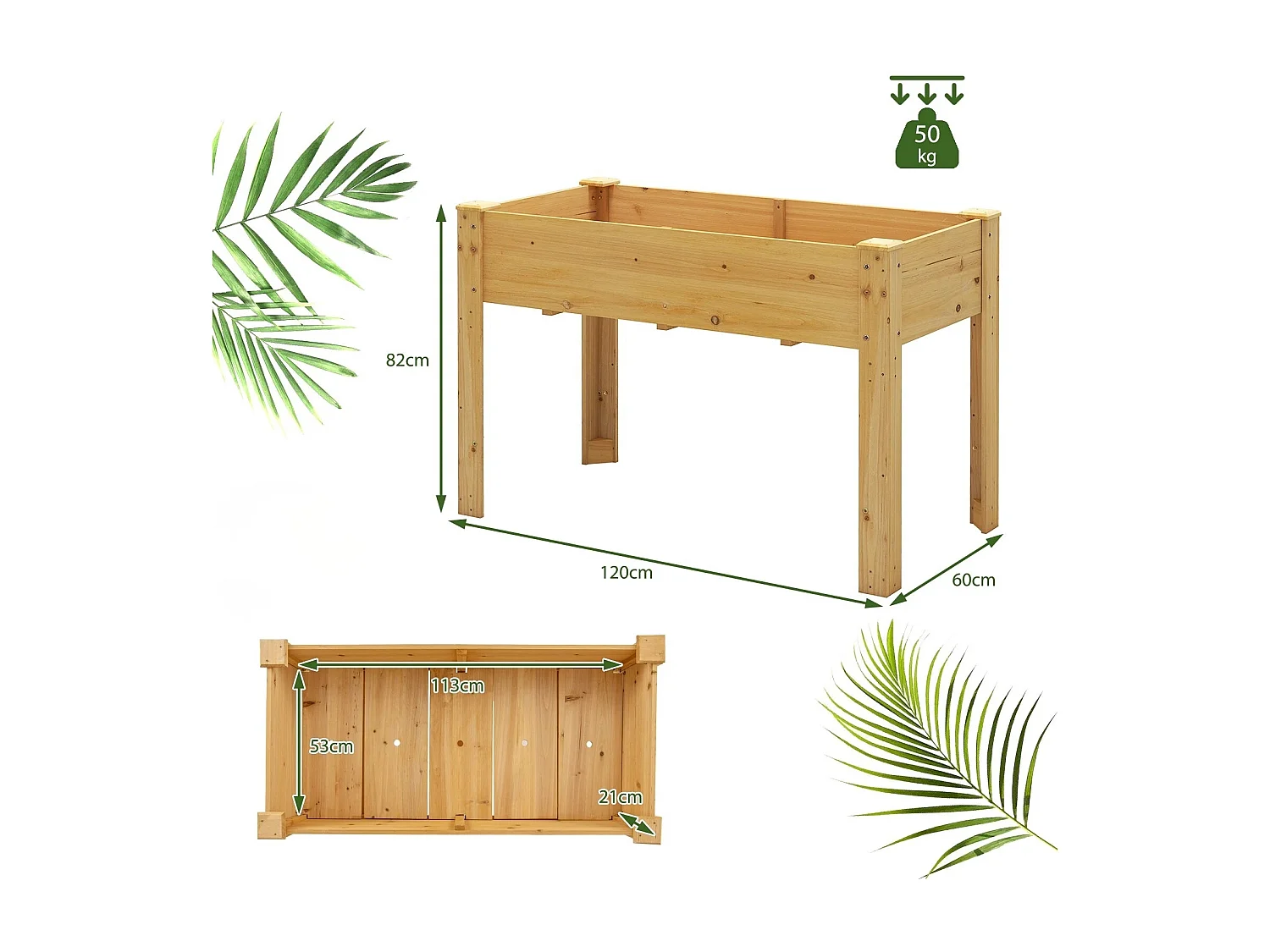 Letto rialzato da giardino per piante, Fioriera rialzata da esterno in legno di abete con fori di drenaggio Naturale