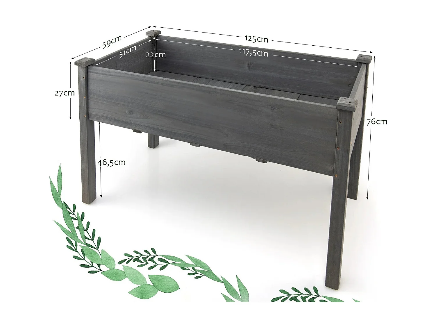 Fioriera in legno rialzata a telaio freddo di grandi dimensioni 125 x 59 x 76 cm grigio