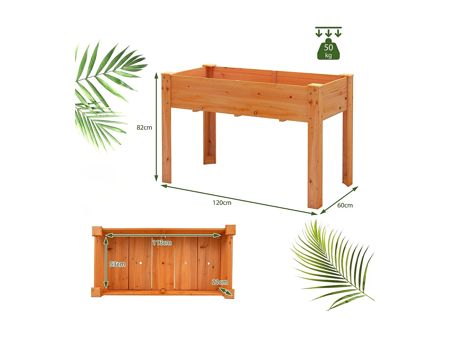 Letto rialzato da giardino da esterno in legno di abete con fori di drenaggio, Letto rialzato da giardino per piante Arancione