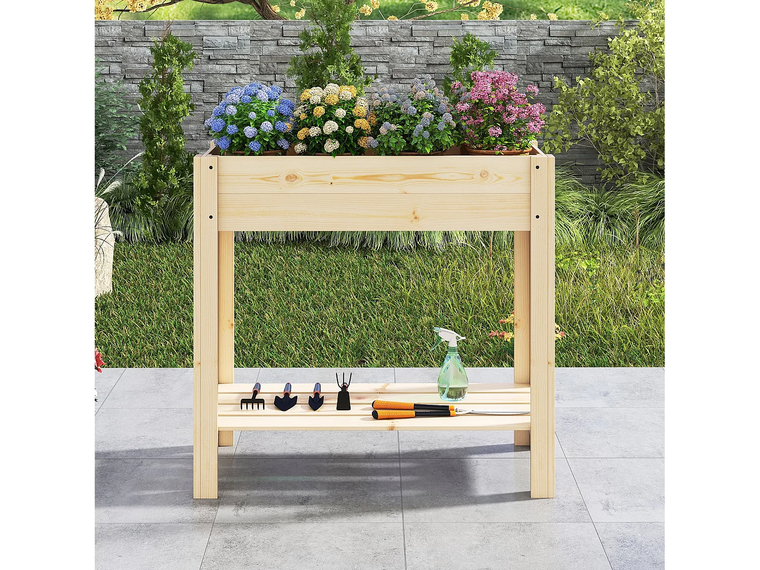 Letto da giardino rialzato in legno contenitore per fiori per interno ed esterno, Fioriera elevata con ripiano Naturale