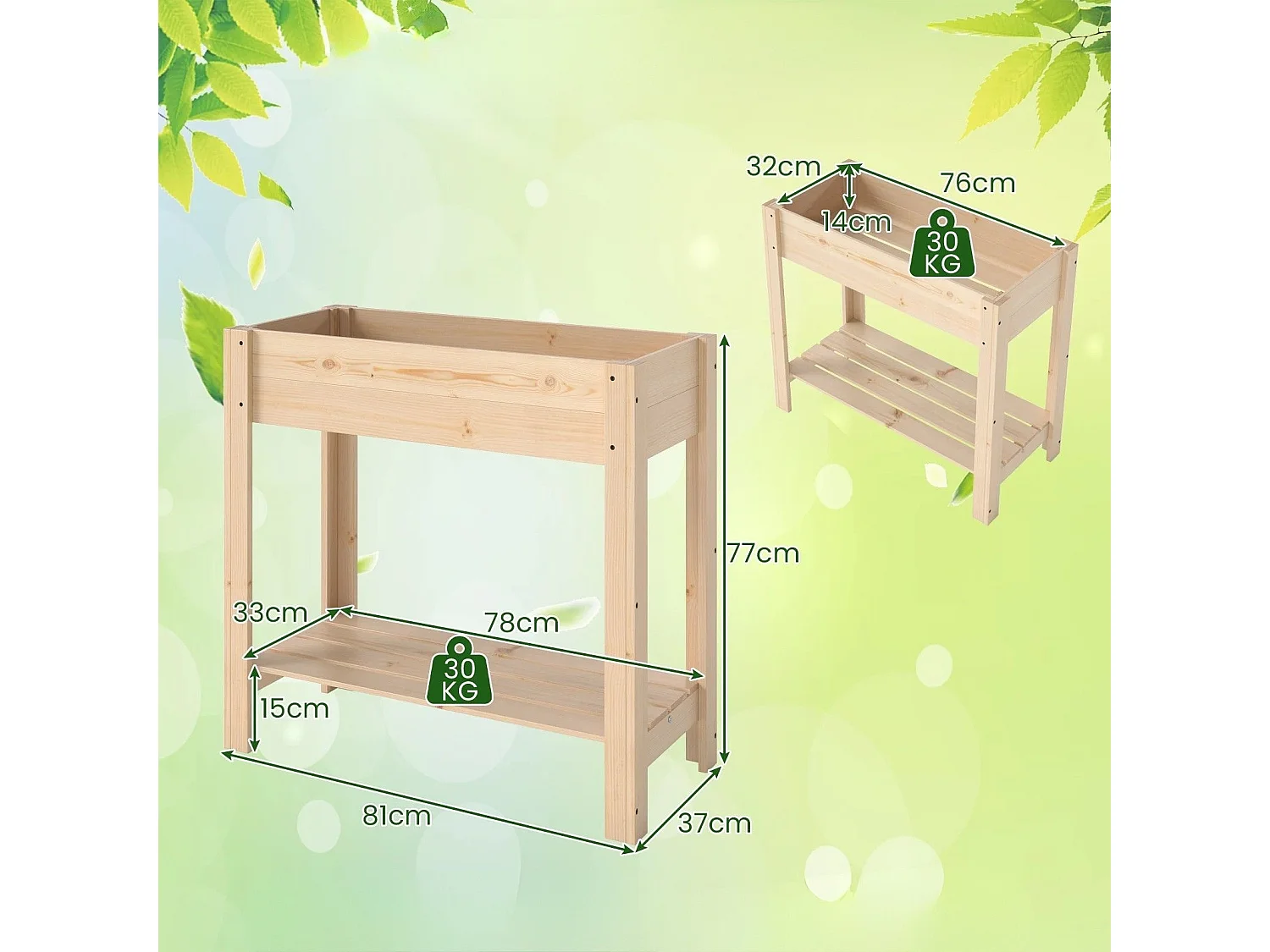 Letto da giardino rialzato in legno contenitore per fiori per interno ed esterno, Fioriera elevata con ripiano Naturale