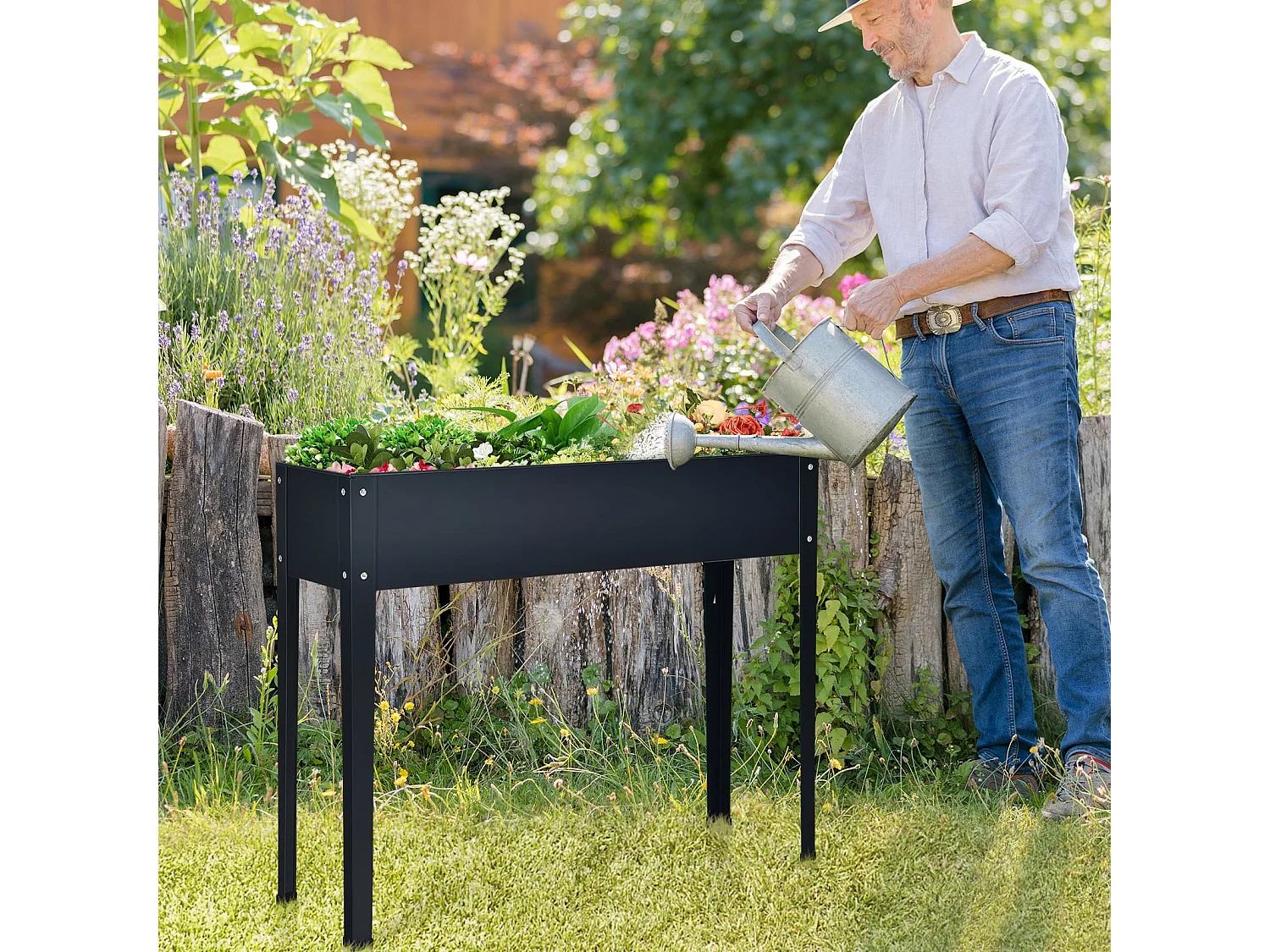 Fioriera rialzata con 2 fori di drenaggio Fioriera rialzata in metallo Grigio