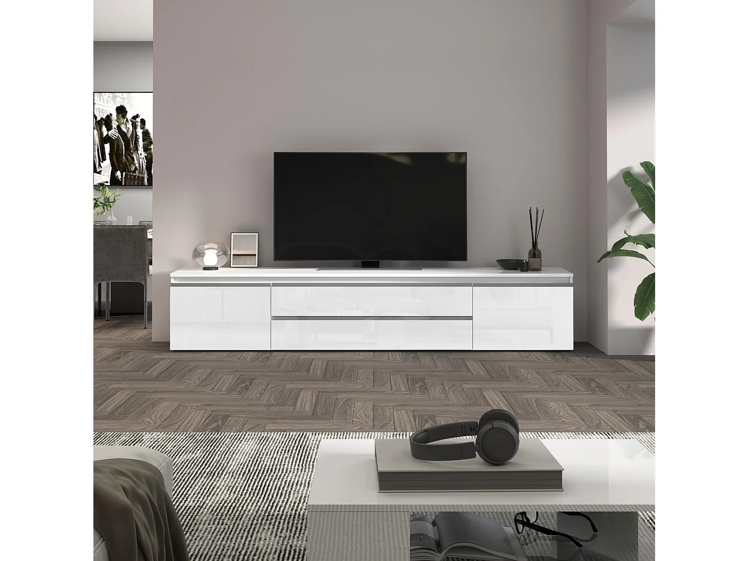 Mobile porta TV  Magic con 2 ante e 2 cassetti bianco lucido 240x40x55 cm