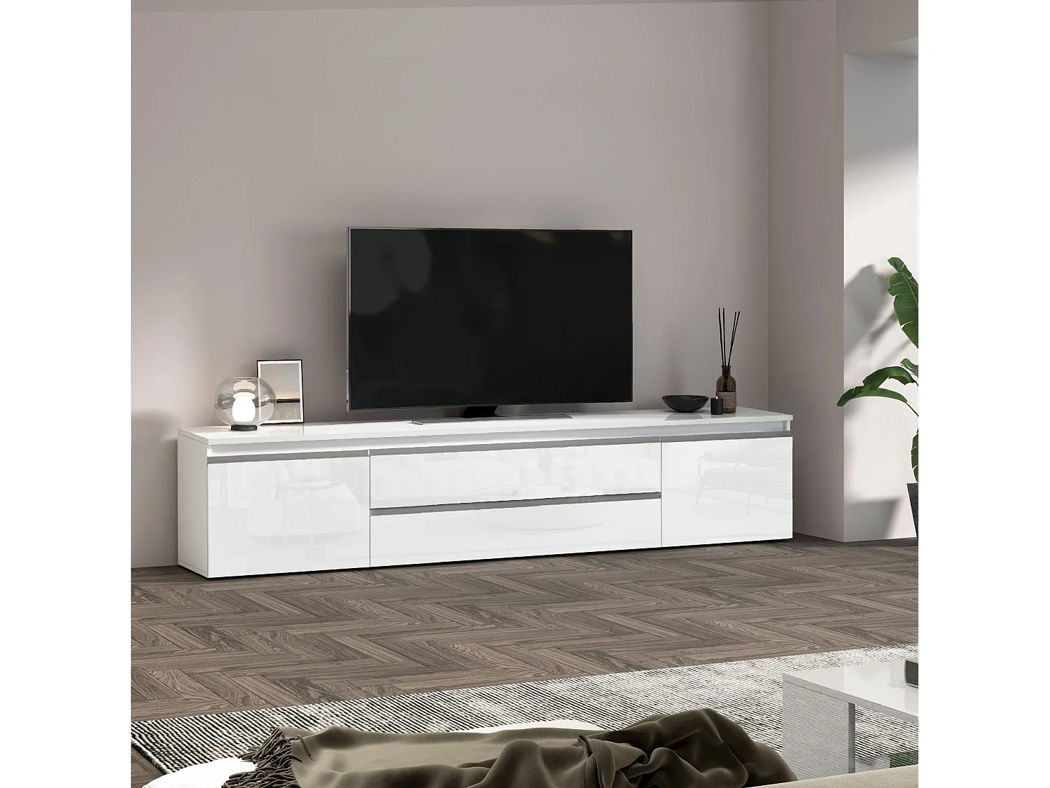 Mobile porta TV  Magic con 2 ante e 2 cassetti bianco lucido 240x40x55 cm
