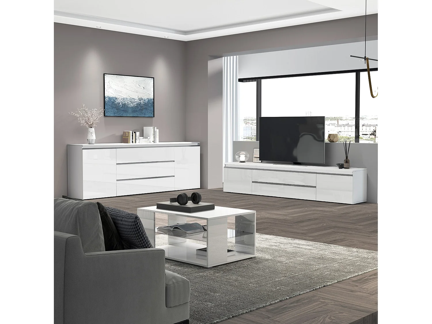 Mobile porta TV  Magic con 2 ante e 2 cassetti bianco lucido 240x40x55 cm